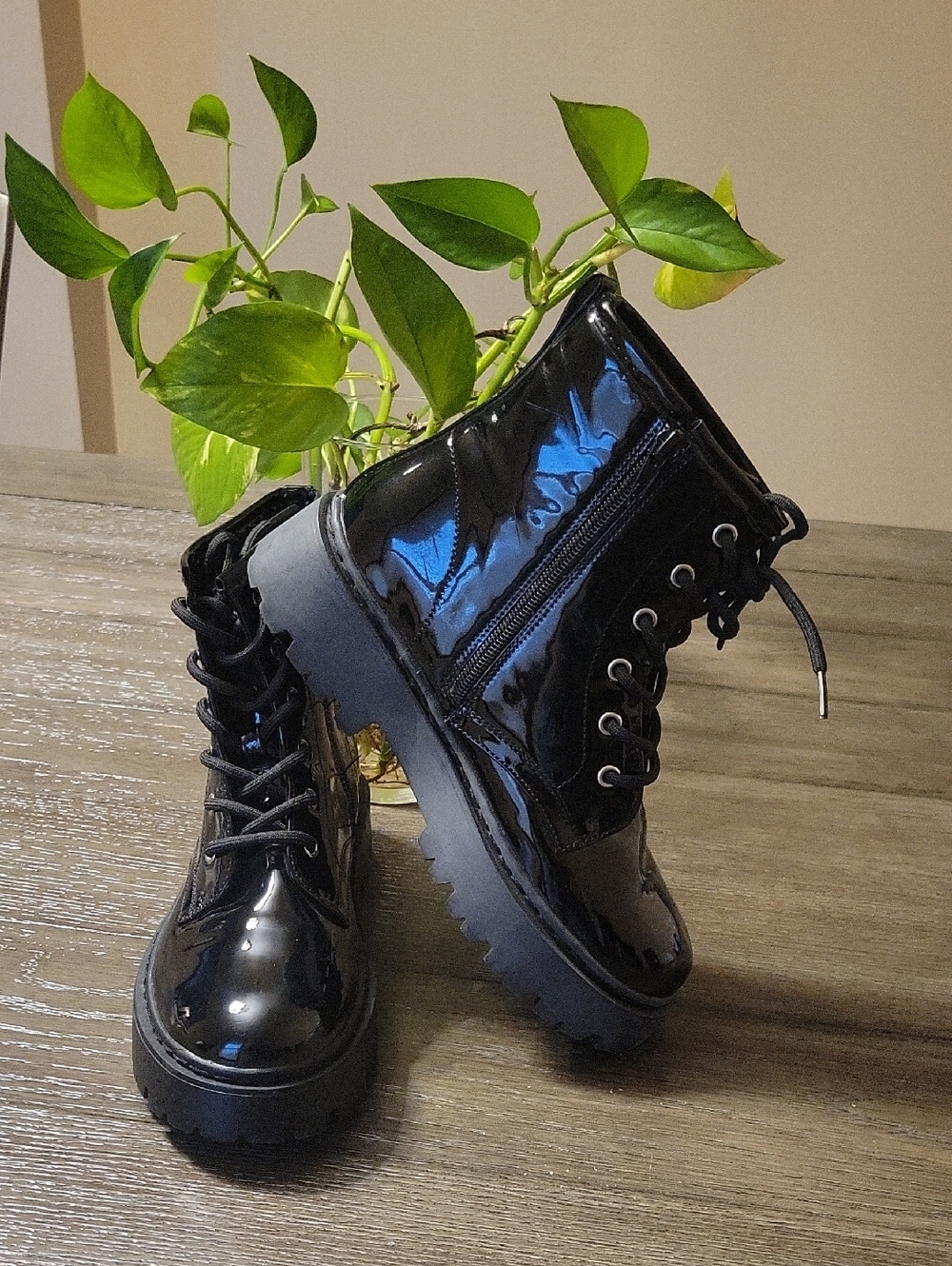 Steve Madden Black Patent Lace-Up Combat Boots with Side Zip